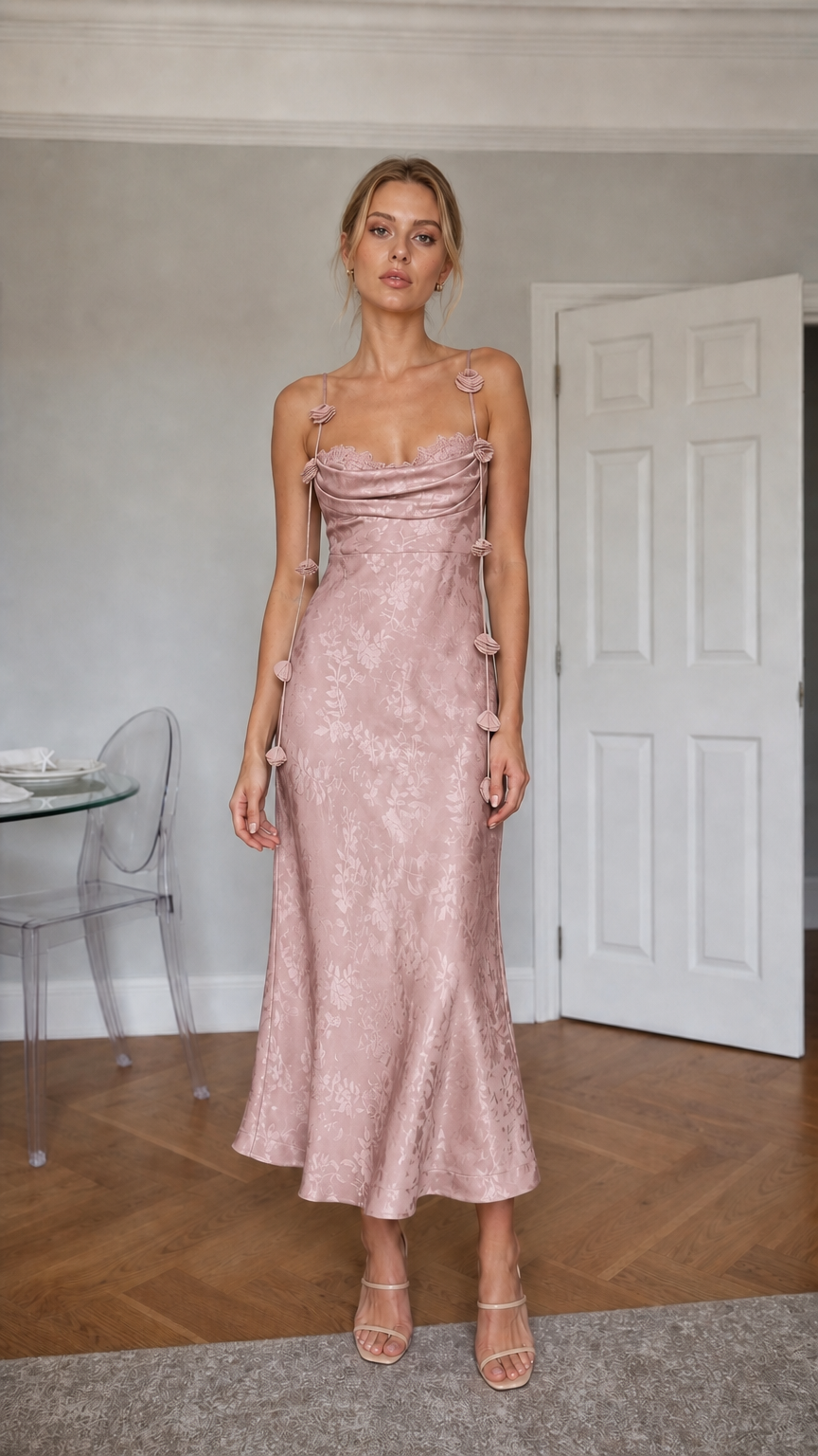 Dusty Pink satin floral midi dress front view