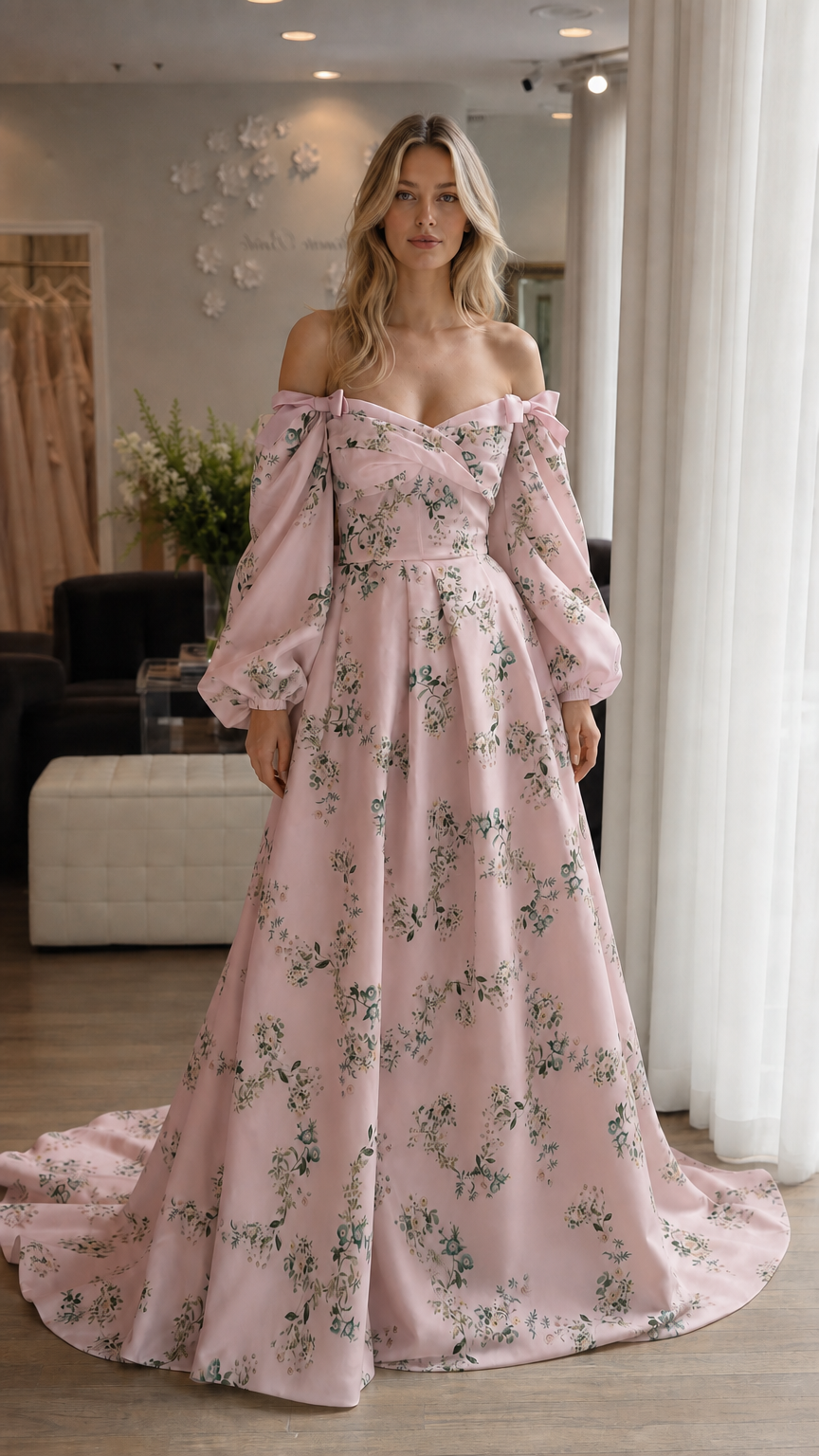 Woman wearing pink floral off-shoulder maxi dress