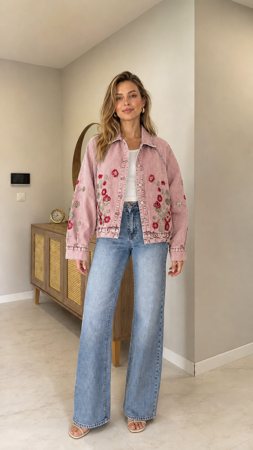 Full front view of woman wearing Dusty Pink floral embroidered denim jacket with blue jeans
