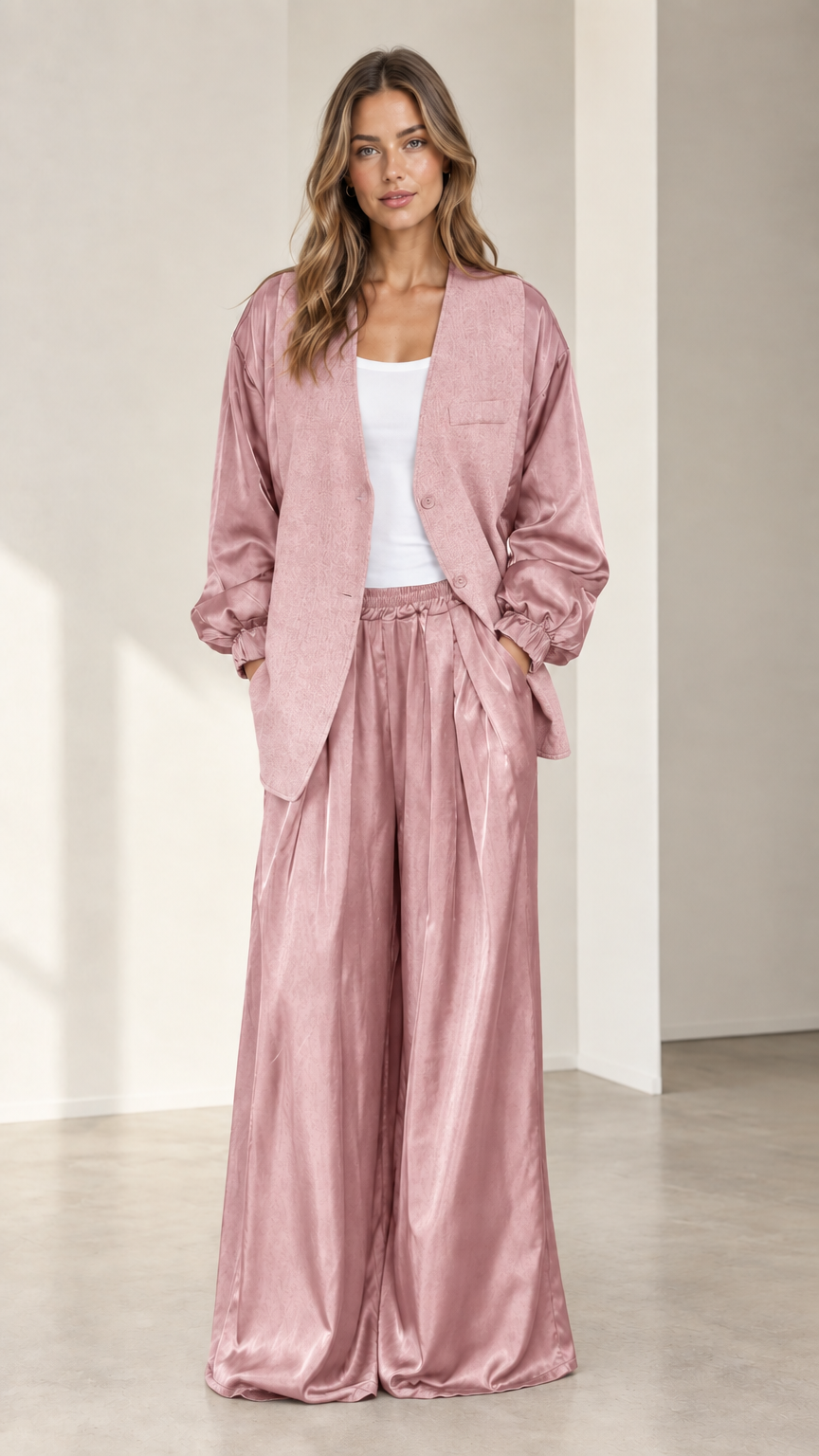 Front view of model wearing dusty pink satin sleeve blazer and matching wide-leg trousers