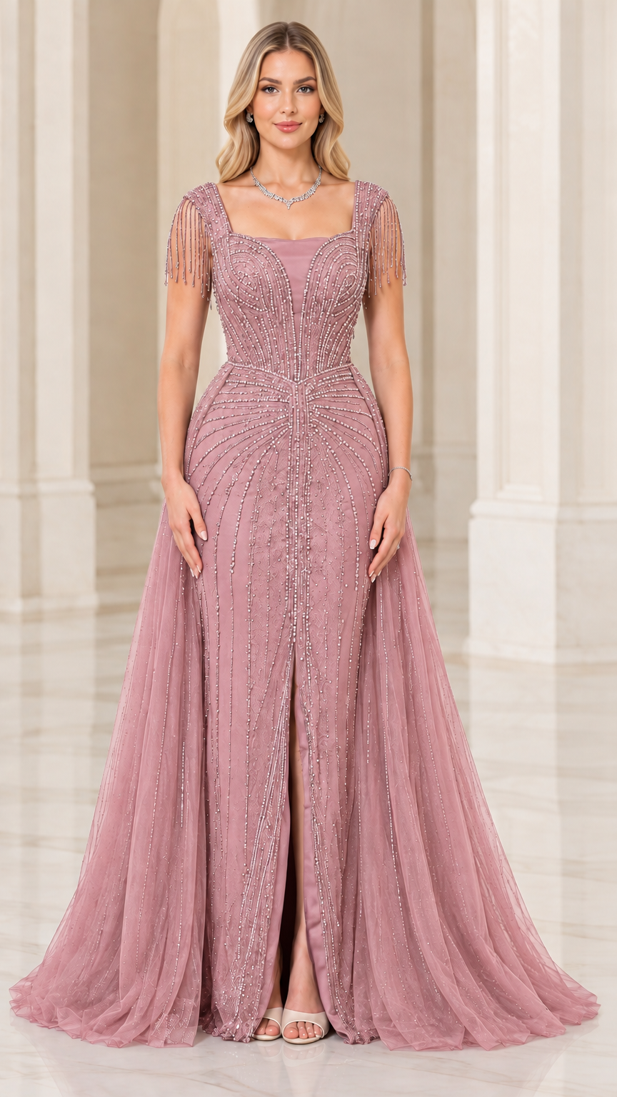 Full-length front view of dusty rose beaded evening gown with front slit