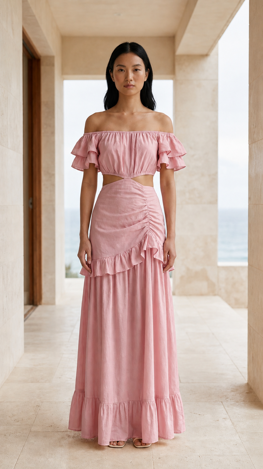 Front view of pink off-shoulder cutout maxi dress