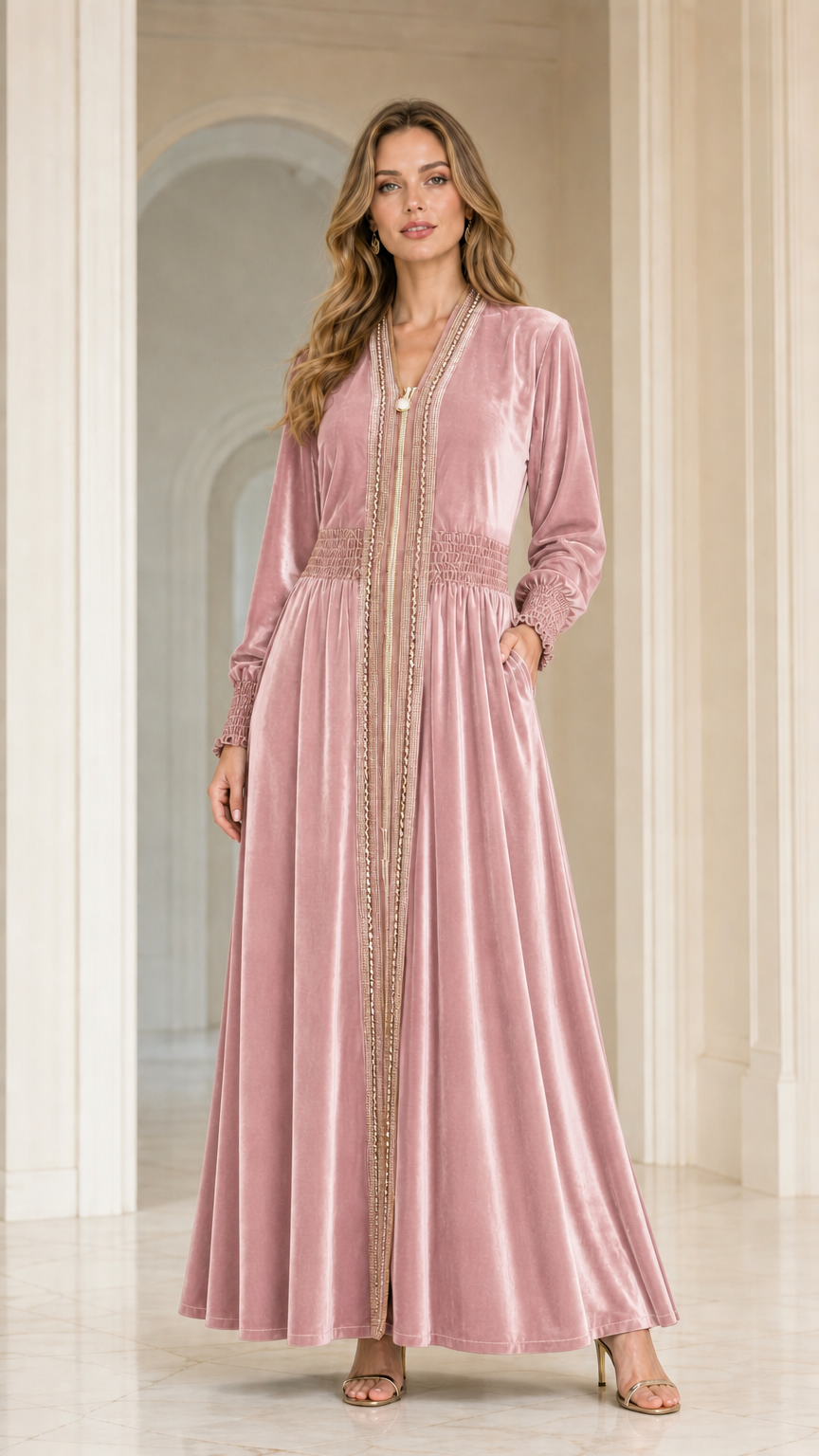 Full front view of model wearing Dusty Pink velvet embroidered kaftan maxi dress