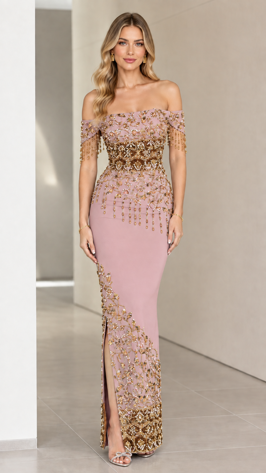 Blush pink off-the-shoulder formal maxi gown with beaded embellishment