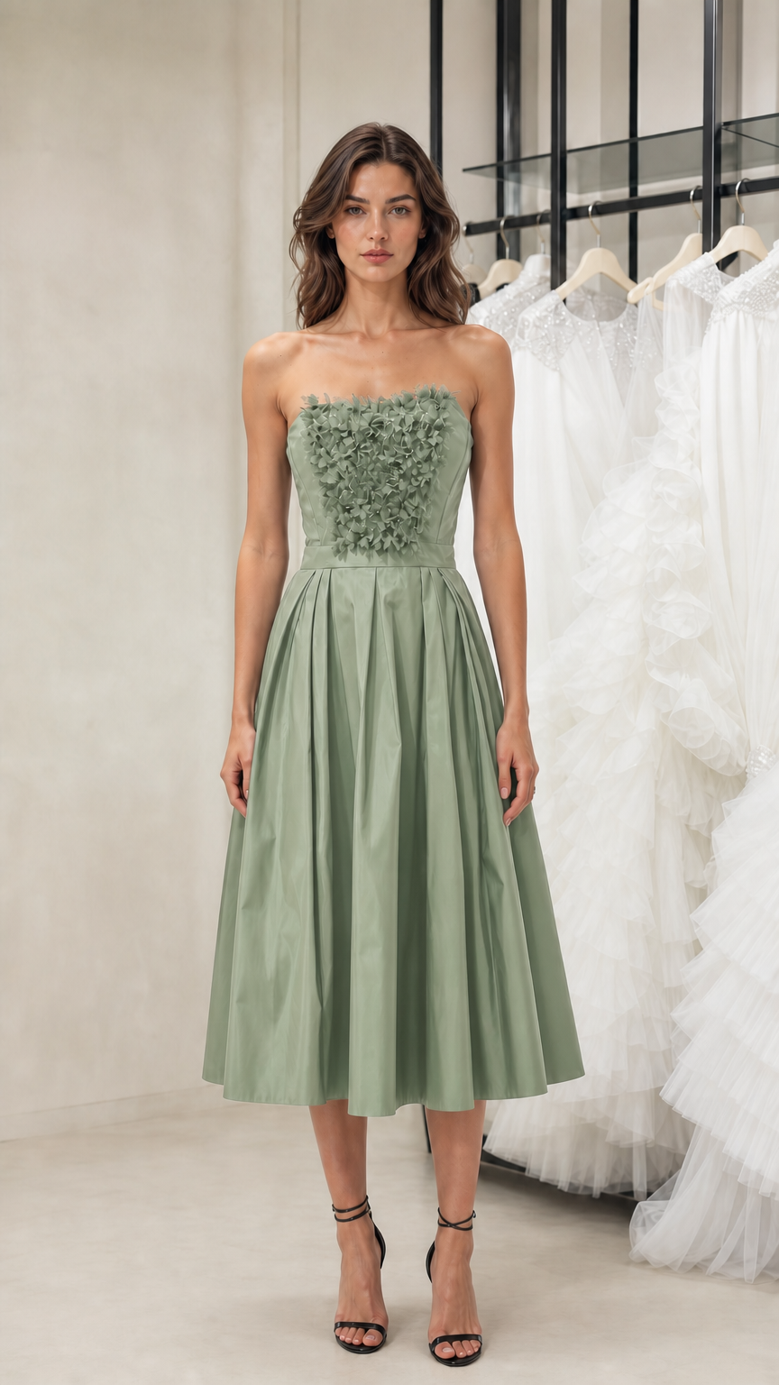 Front view of model wearing sage green strapless midi dress