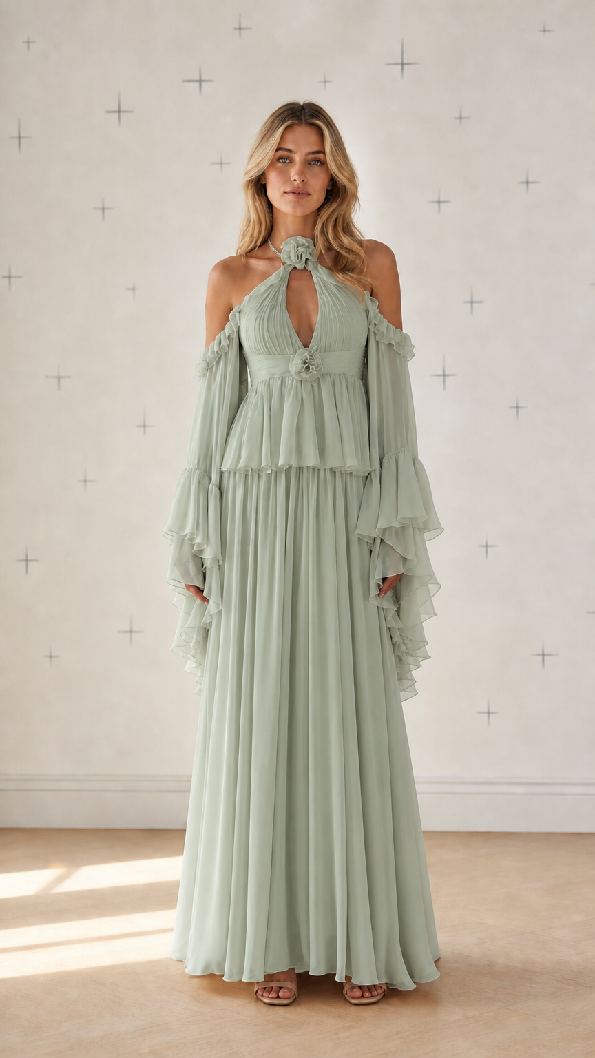 Front view of sage green cold-shoulder pleated maxi dress