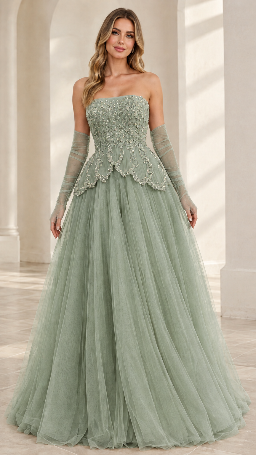 Front view of model wearing Sage Green strapless beaded tulle formal gown