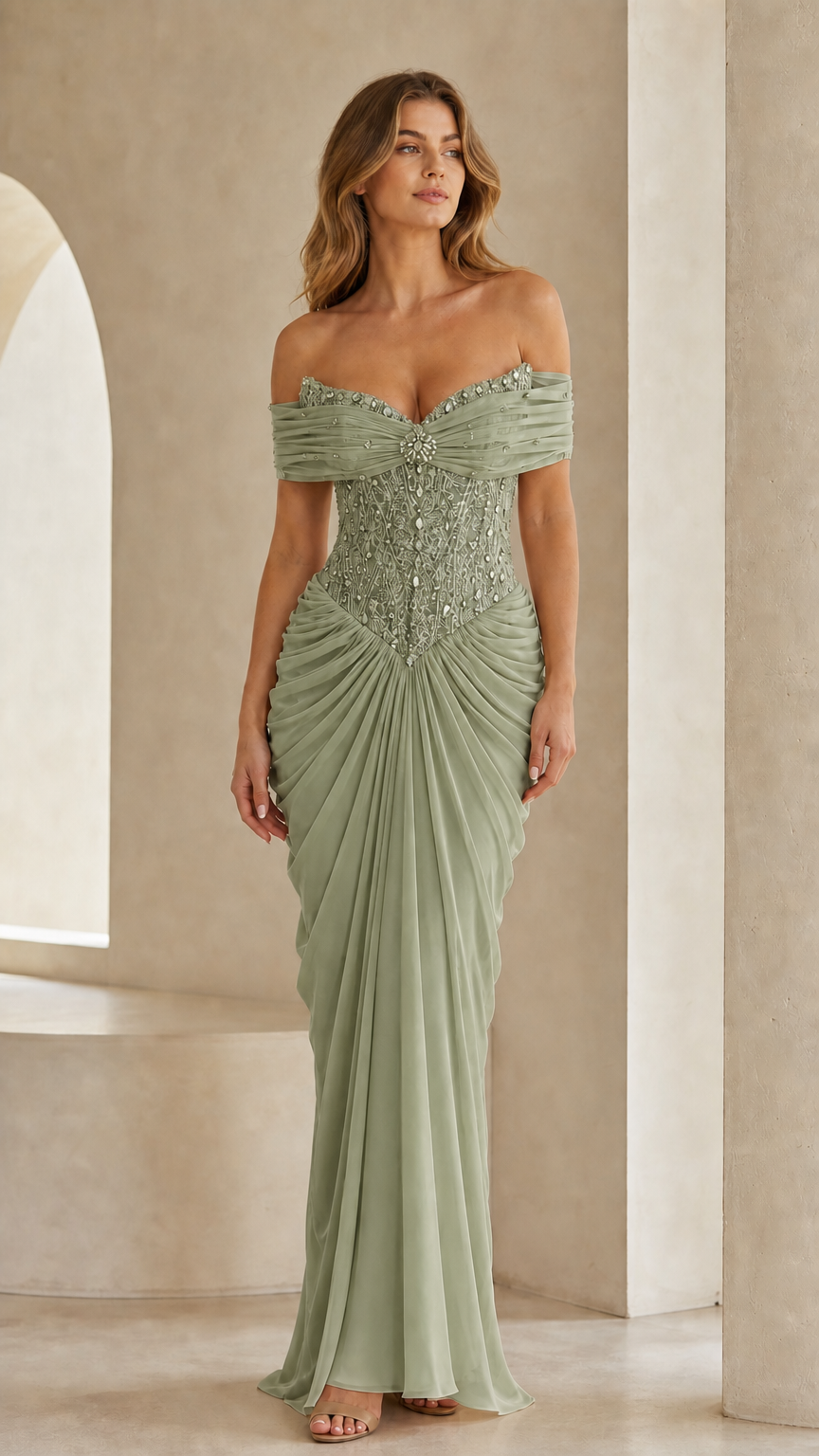 Full front view of sage green off-the-shoulder beaded evening gown