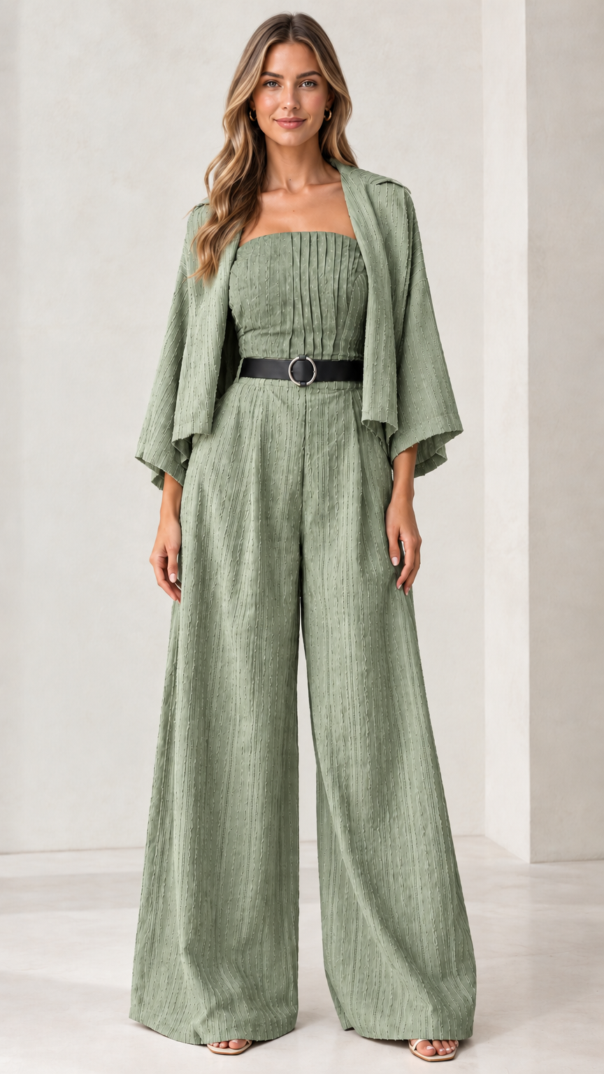 Full front view of the pleated bandeau wide-leg jumpsuit set in sage green