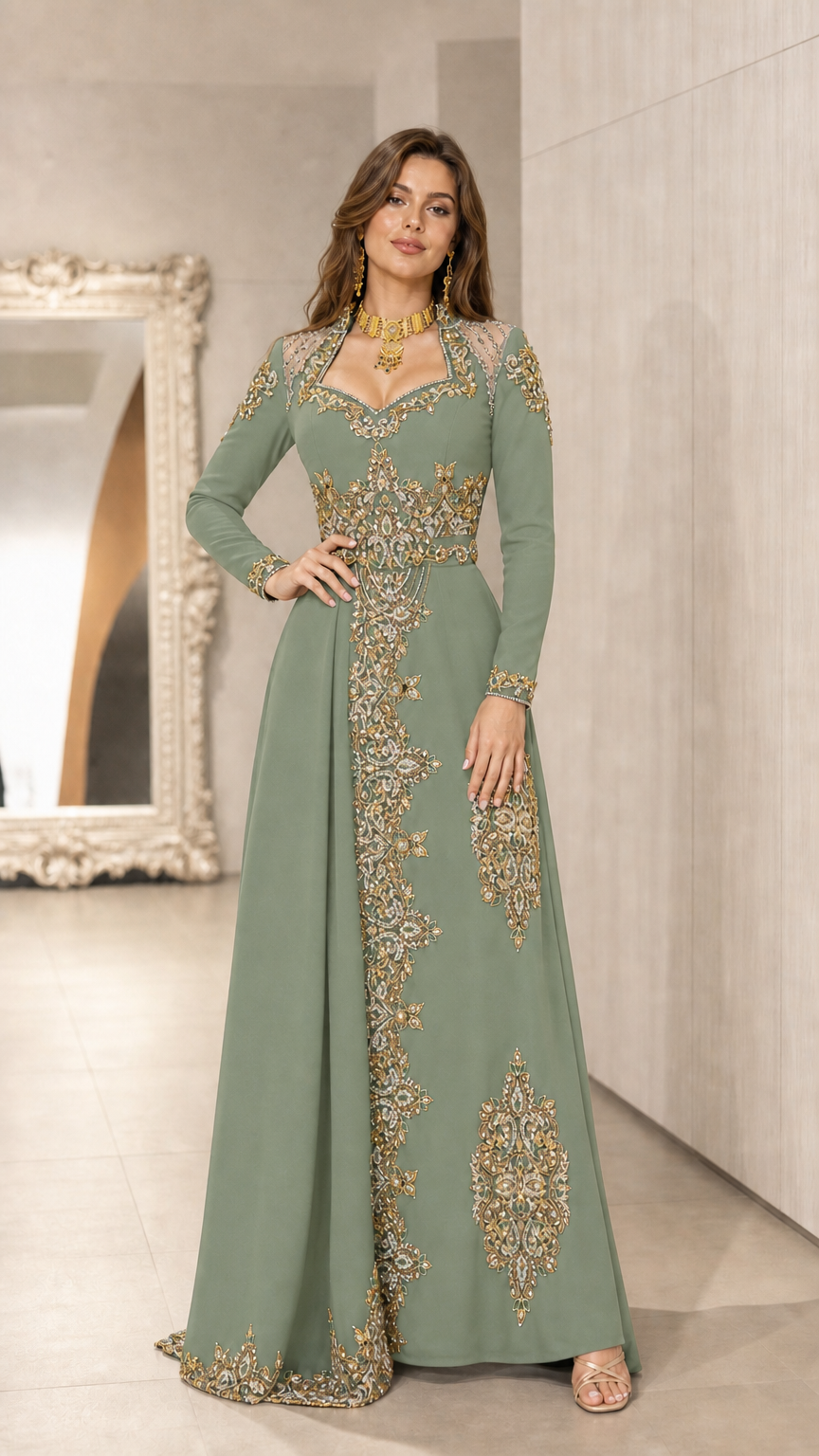 Sage green embroidered long sleeve kaftan evening gown