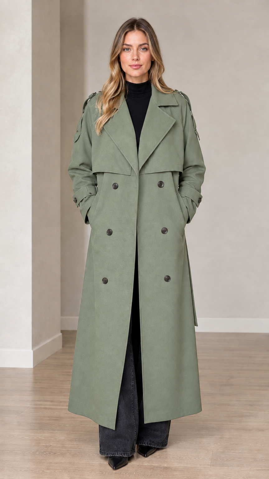 Front view of woman wearing sage green double-breasted long trench coat