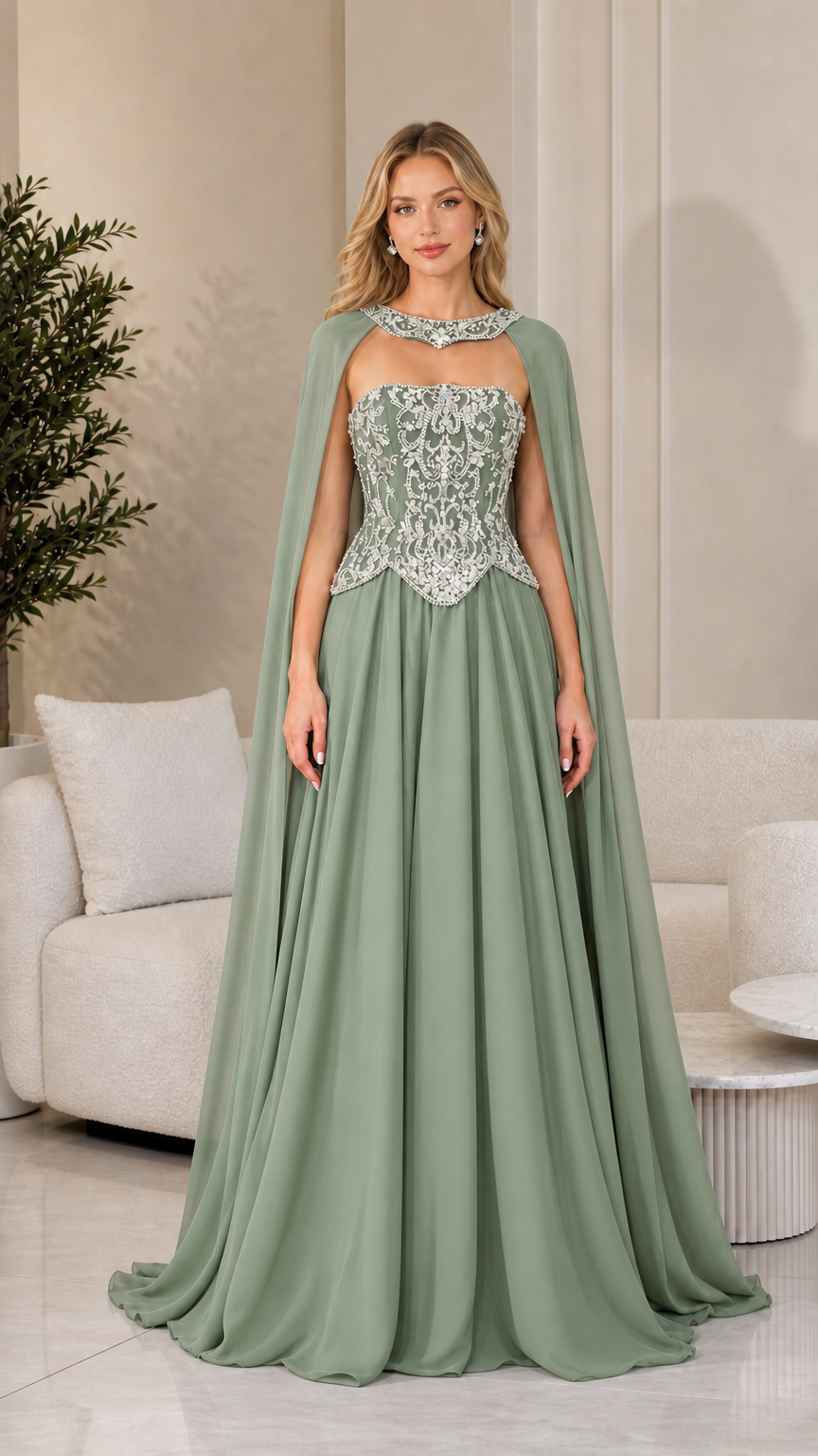 Front view of sage green cape evening dress with crystal embellishments