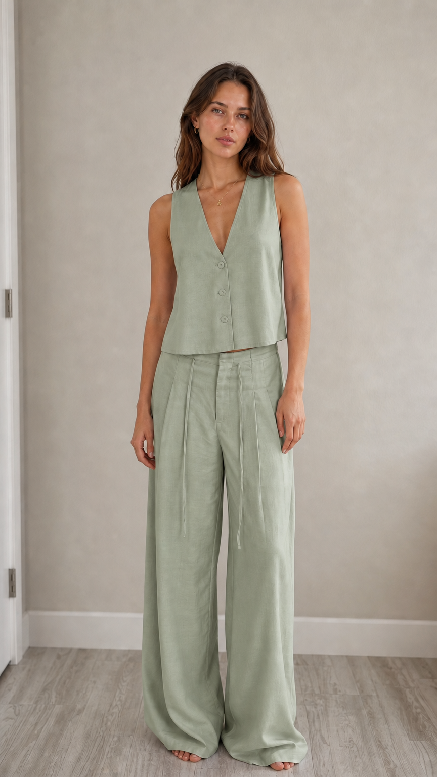 Full-length view of model in sage green two-piece vest and pants set