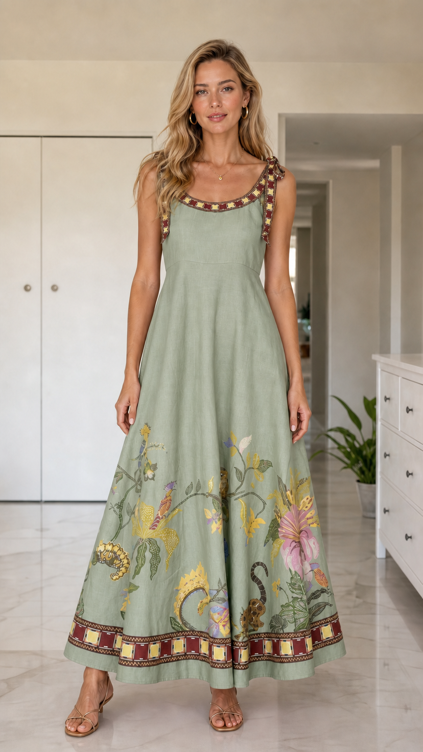 Front full view of sage green floral maxi dress variant