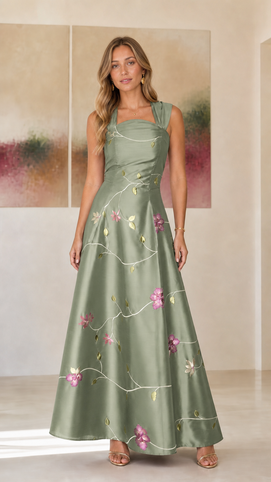 Model wearing sage green embroidered floral evening dress