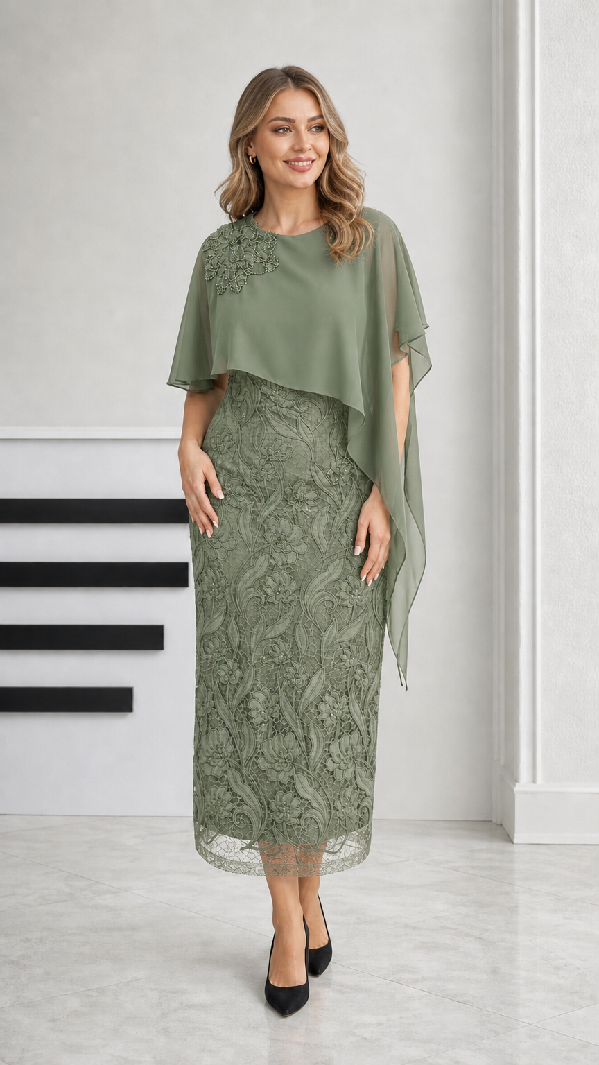 Sage green lace column midi dress with asymmetrical cape overlay