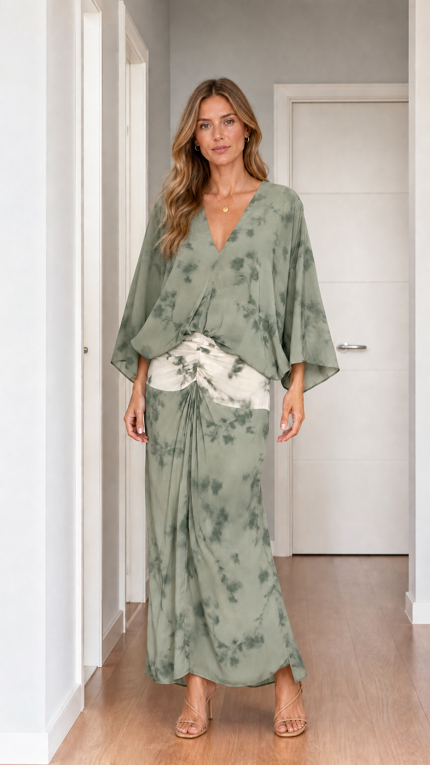 Model wearing sage green tie-dye two-piece set