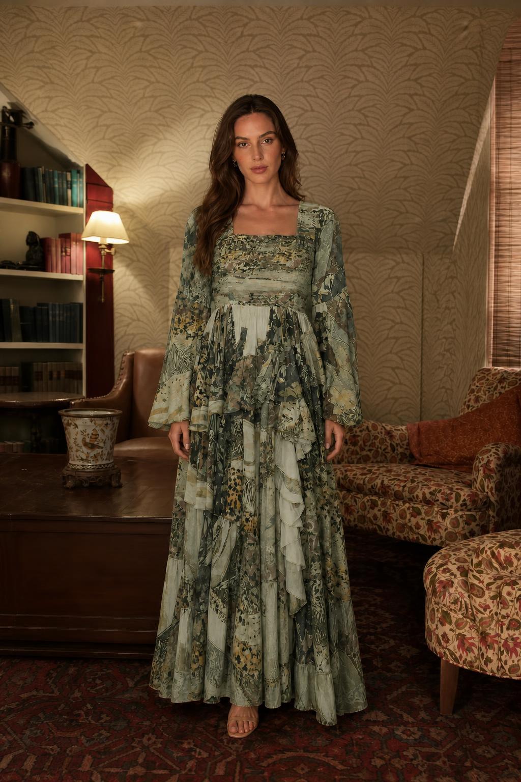 Boho Chic Printed Long Sleeve Ruffle Maxi Dress in Sage Green