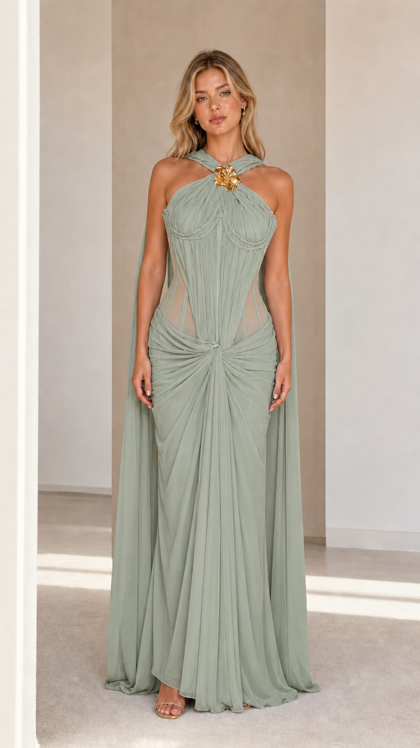 Model wearing sage green evening cape maxi dress