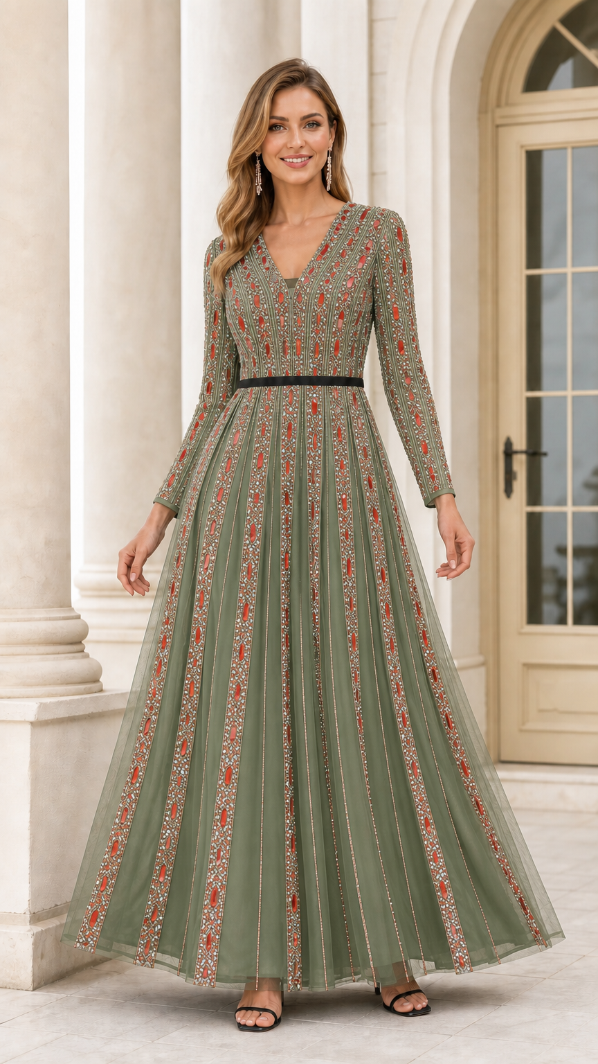 Full length view of Sage Green embellished long sleeve tulle evening gown