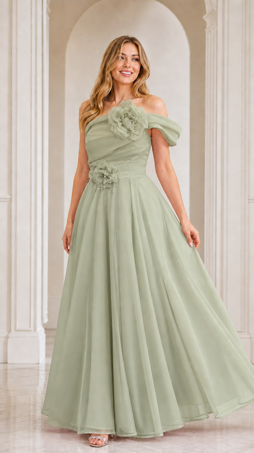 Sage green off-the-shoulder floral appliqué formal maxi dress
