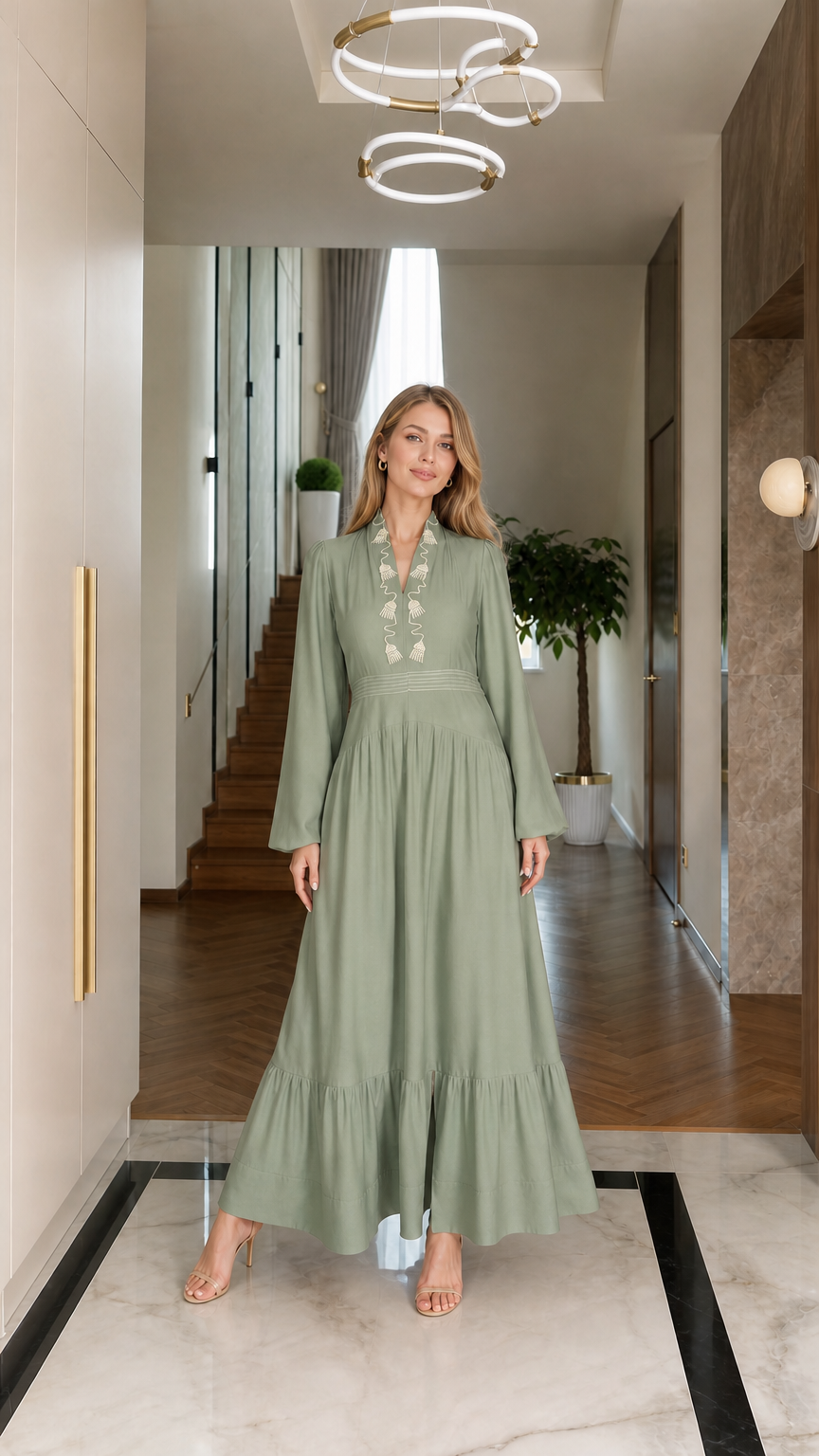 Sage green long sleeve tiered maxi dress with embroidered neckline