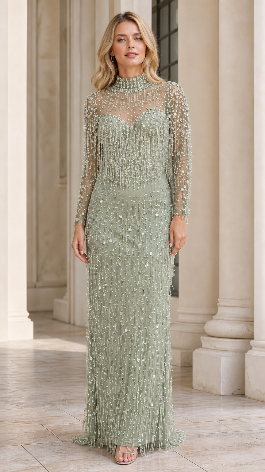 Model wearing sage green beaded long sleeve evening gown