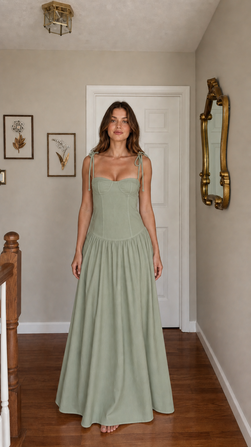 Front view of woman wearing sage green tie-strap corset maxi dress