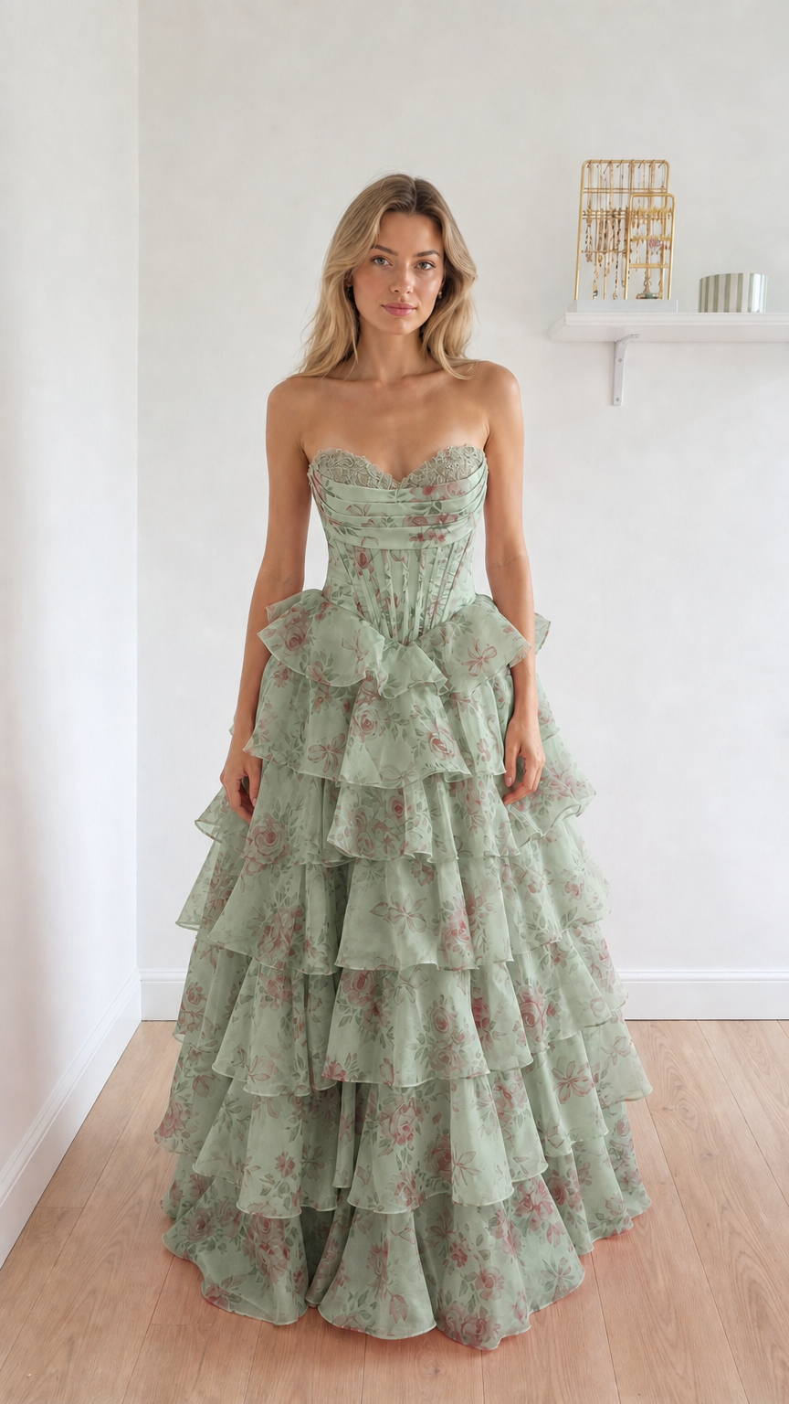 Sage green floral strapless corset ball gown