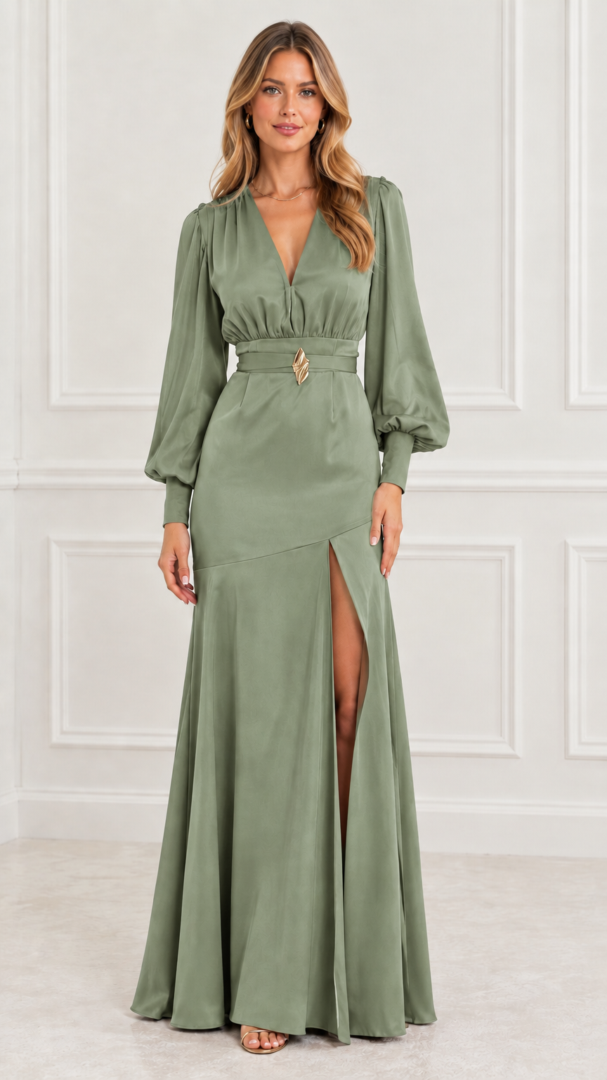 Full-length front view of model in sage green satin long sleeve maxi dress