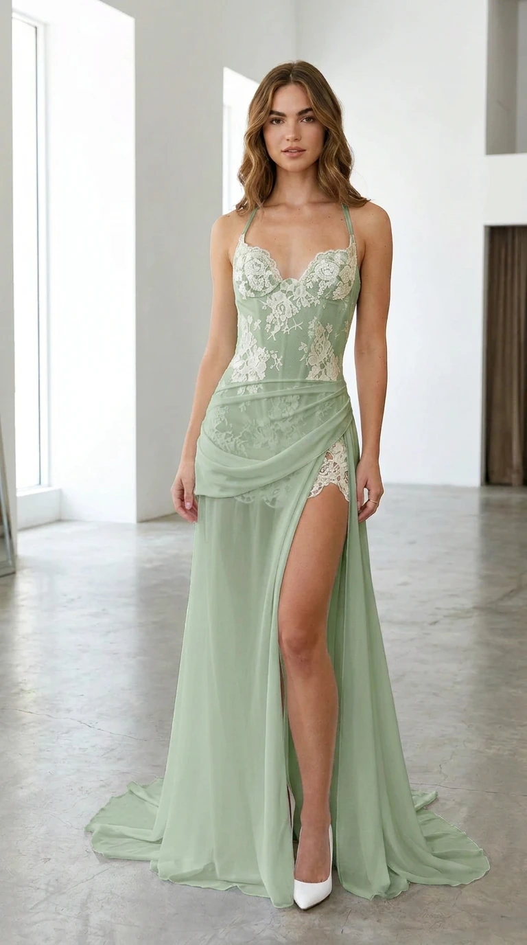 Model wearing sage green floral lace bustier evening gown with side drape