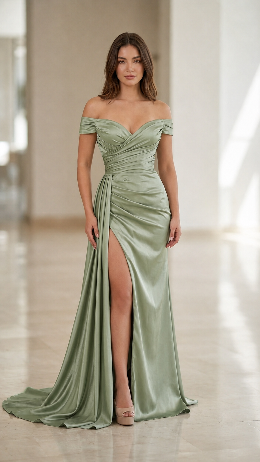 Front view of sage green off-the-shoulder satin formal dress