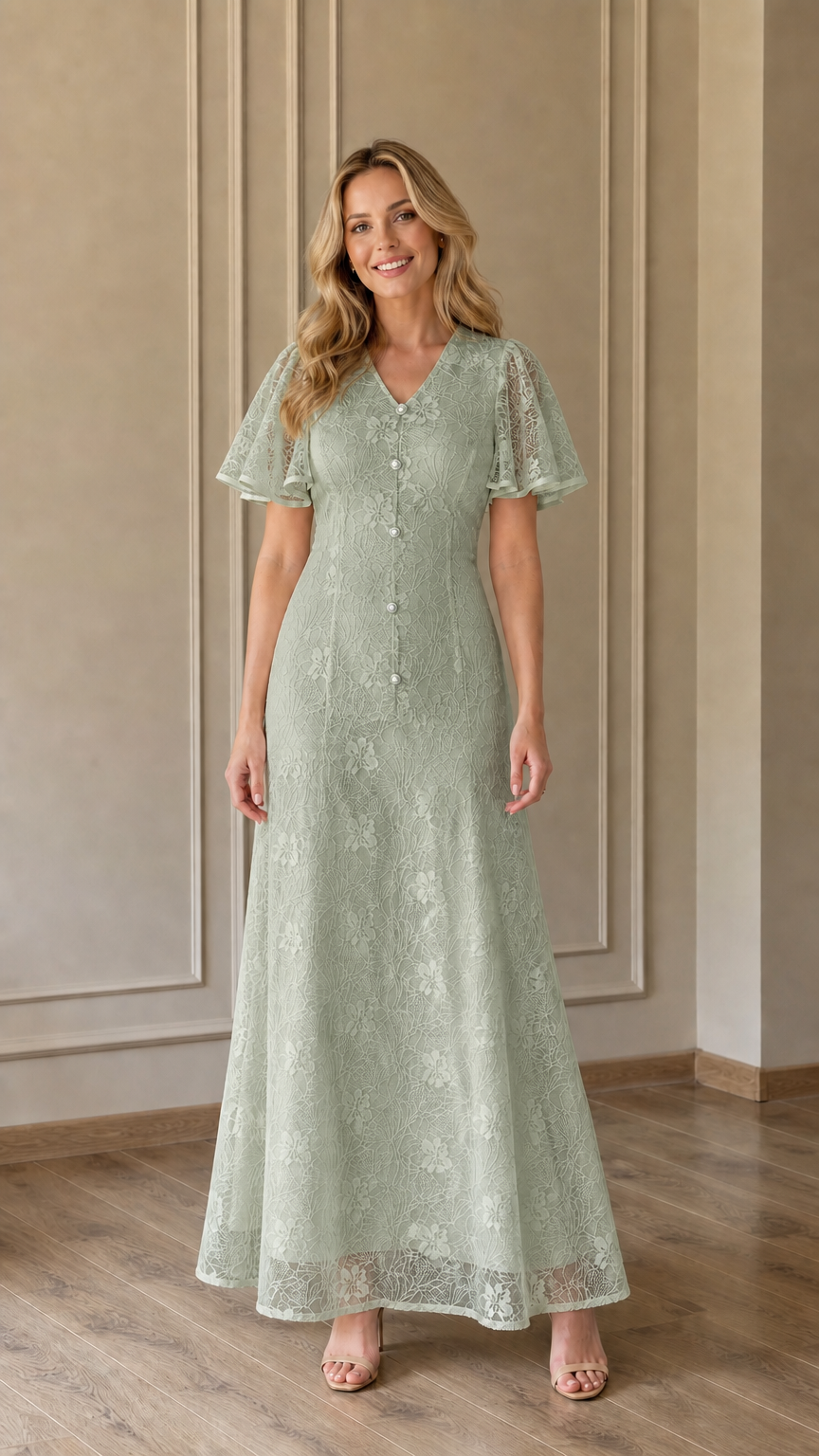 Front view of Sage Green lace maxi dress on model