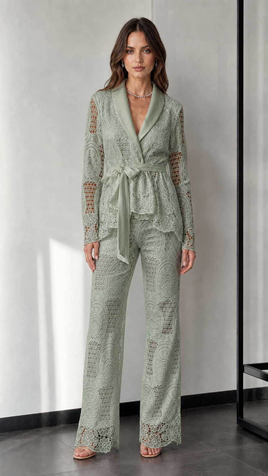 Woman wearing sage green lace blazer and trousers set