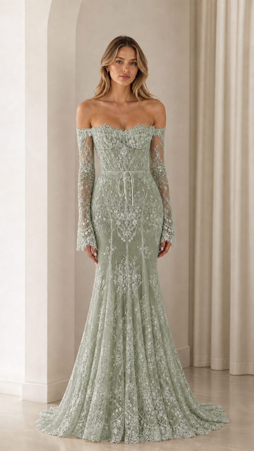 Full-length view of Sage Green long sleeve lace mermaid evening dress