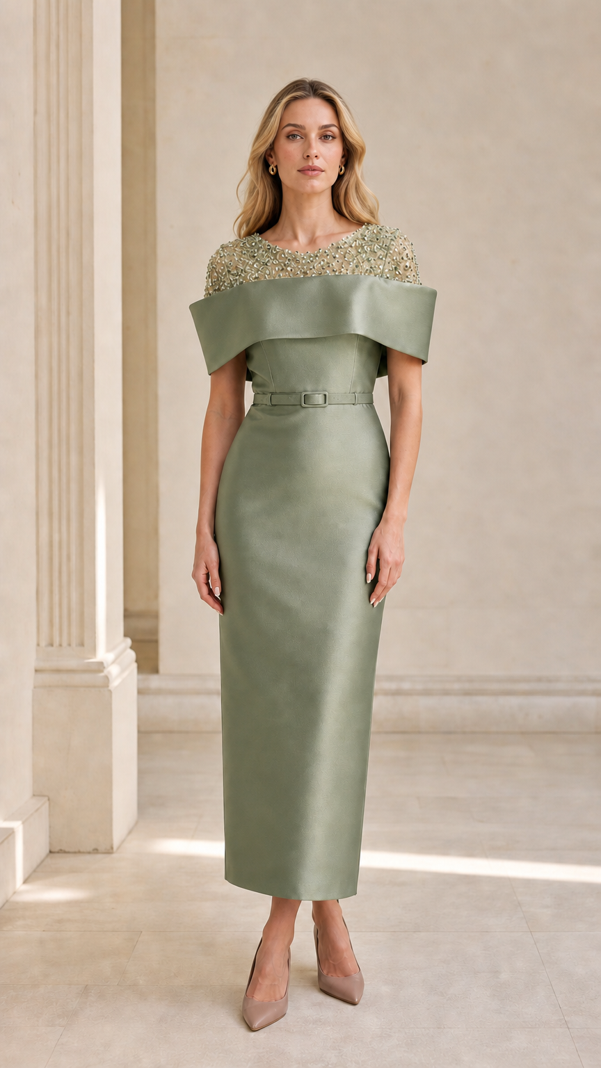 Front view of sage green evening dress variant