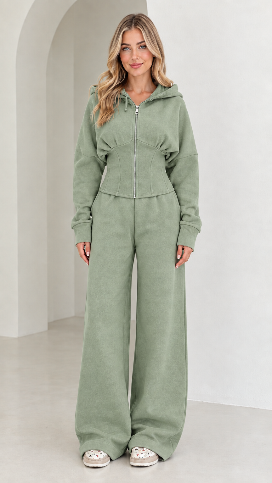 Full-length view of women's corset hoodie and wide-leg sweatpants set in Sage Green