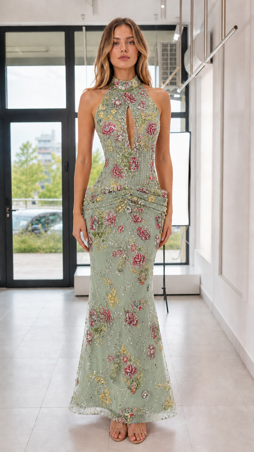 Model wearing sage green floral sequin evening gown