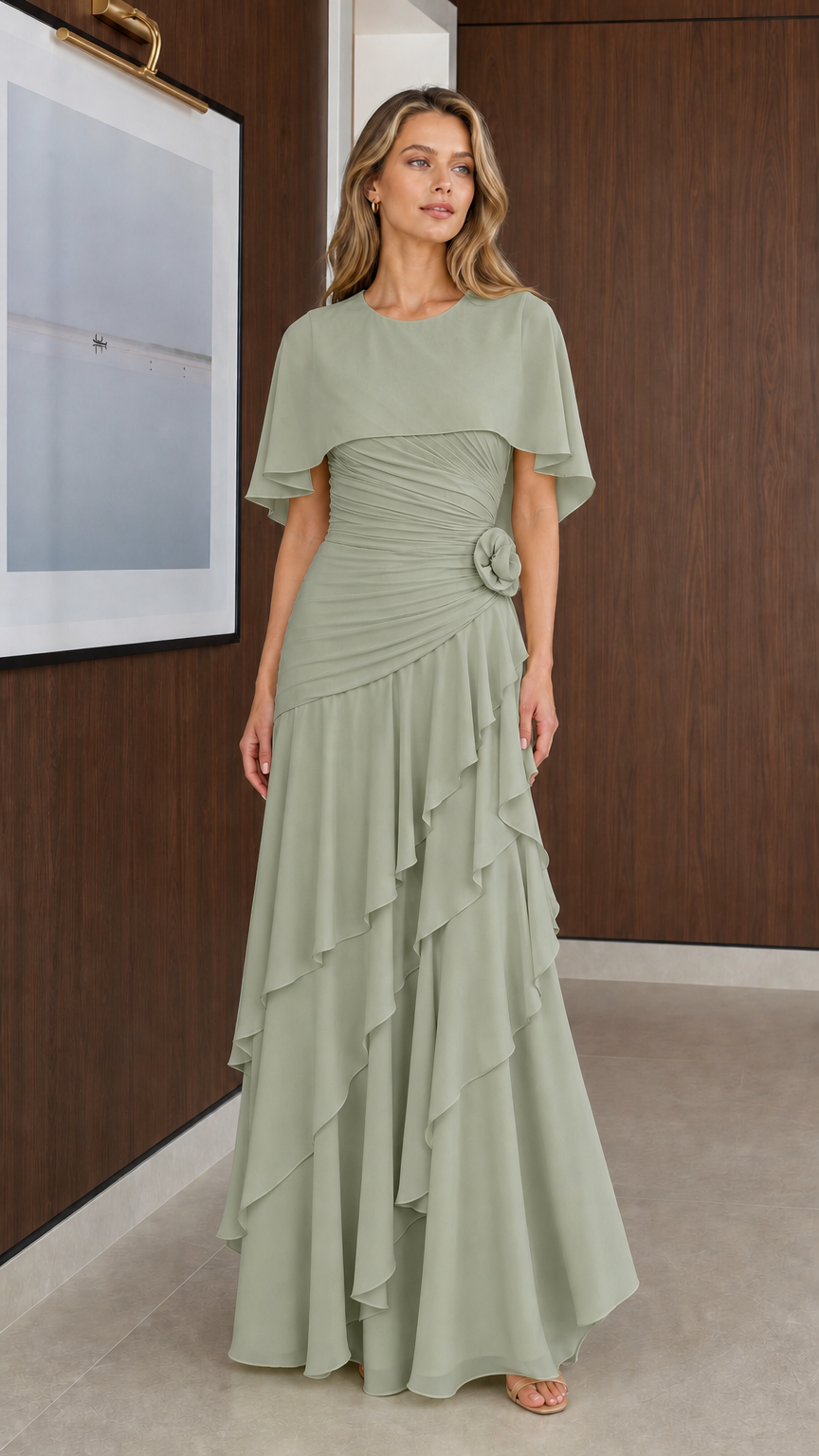 Model wearing Sage Green capelet chiffon formal maxi dress