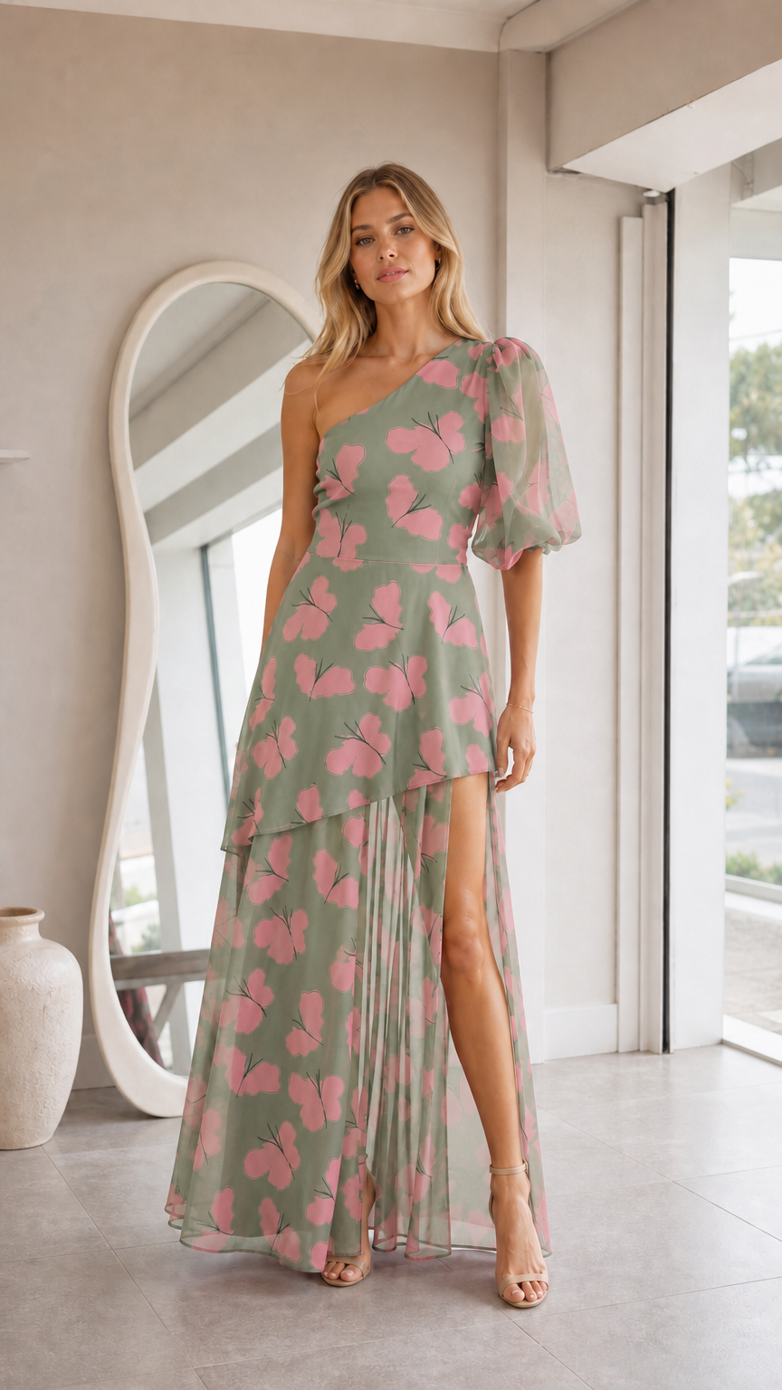 Front view of model in sage green butterfly print one-shoulder maxi dress with puff sleeve and slit