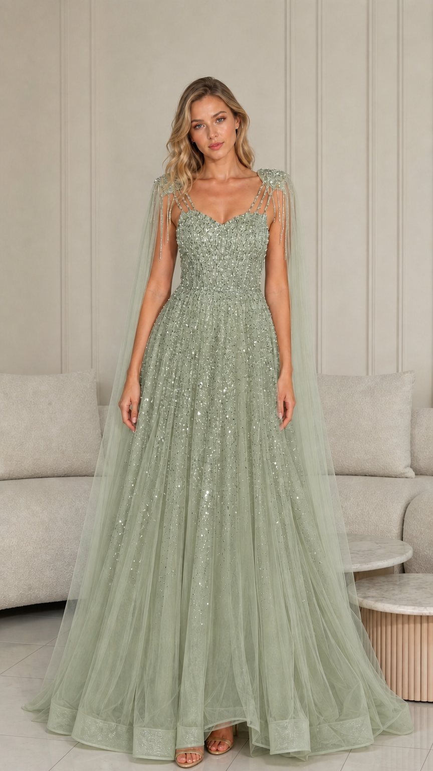 Sage green beaded tulle floor-length prom gown with shoulder drapes