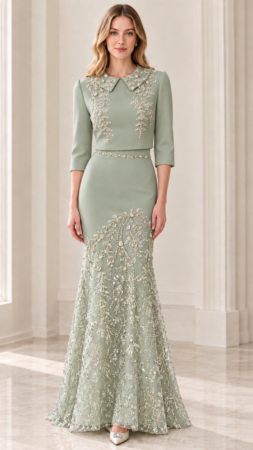 Front view of model wearing Sage Green beaded collar evening gown