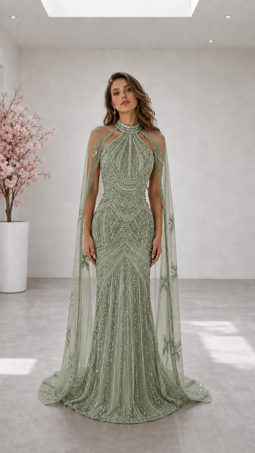 Sage green embellished mermaid gown with sheer shoulder cape