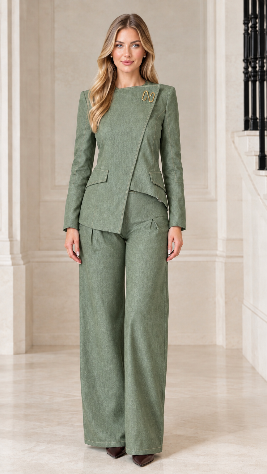 Front view of model wearing Sage Green asymmetric blazer and wide-leg trousers set