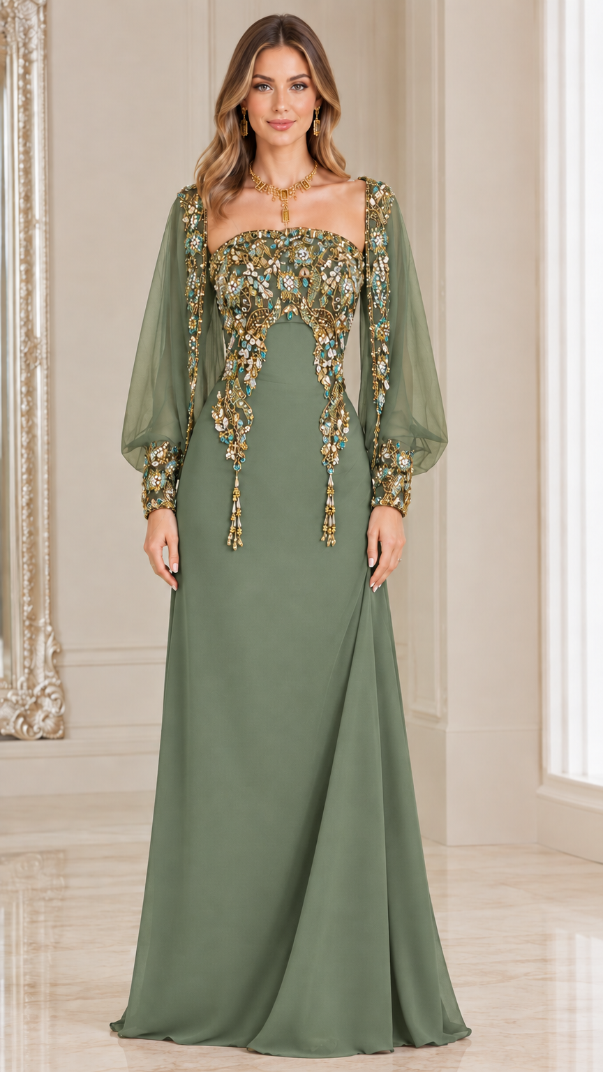 Sage green embroidered evening dress with sheer long sleeves