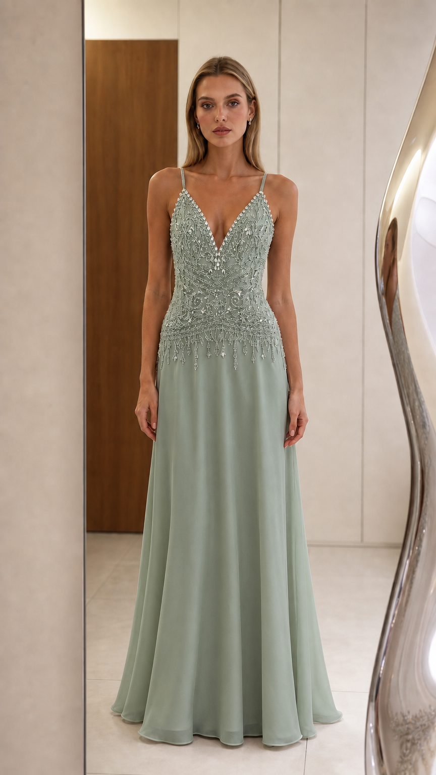 Front view of sage green evening gown with sequin bodice