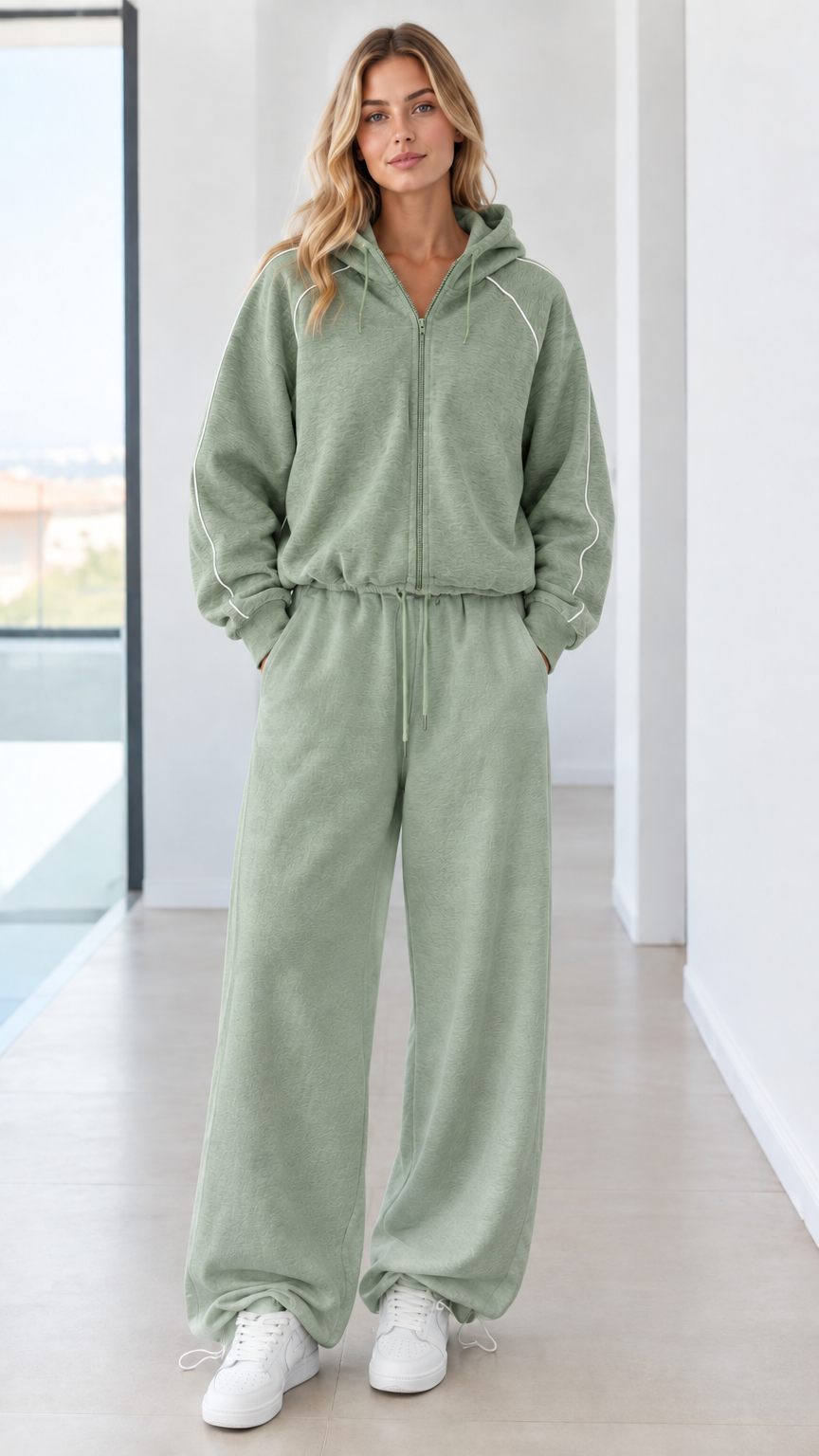 Full body studio shot of model wearing sage green zip-up hoodie and wide-leg sweatpants set