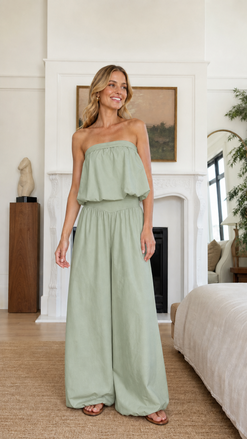 Model wearing sage green strapless ruffle crop top and wide leg pants set