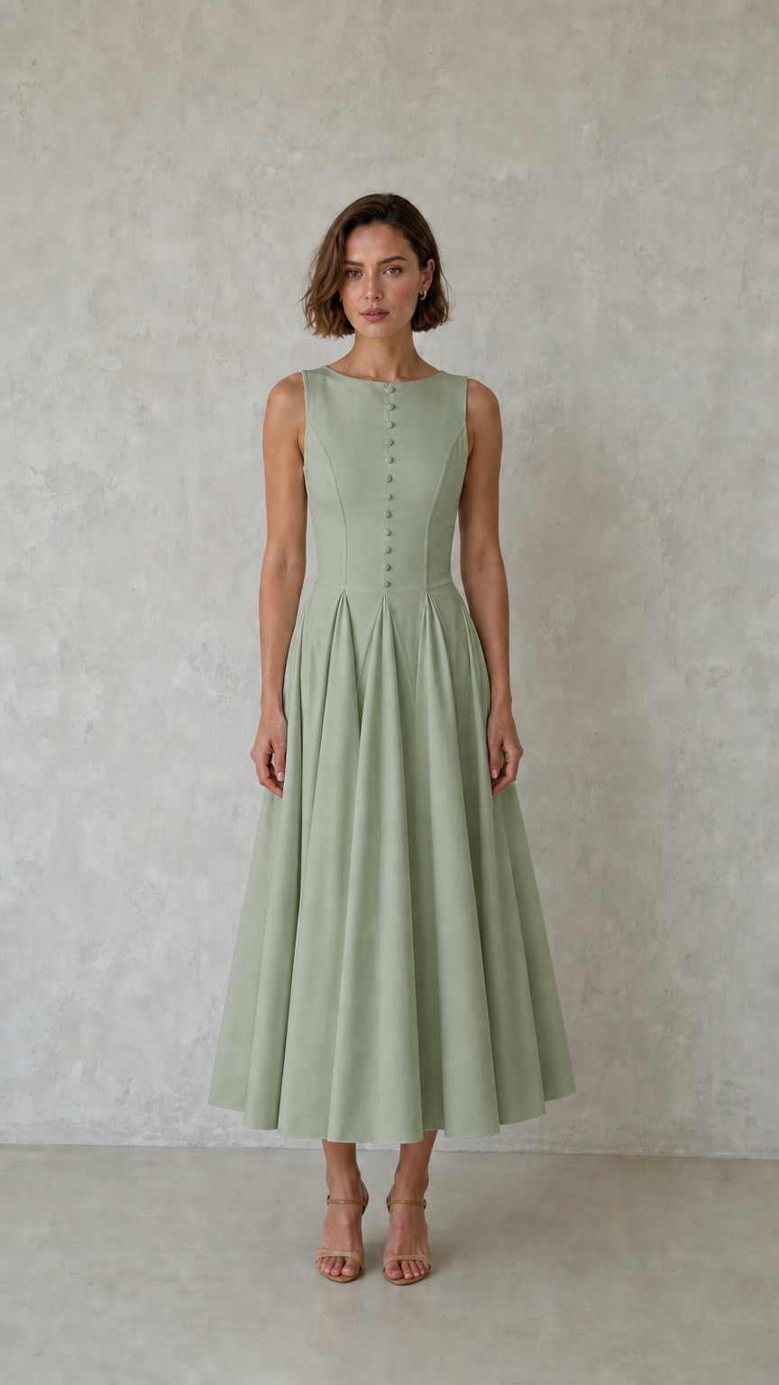 Front view of woman wearing sage green sleeveless pleated midi dress