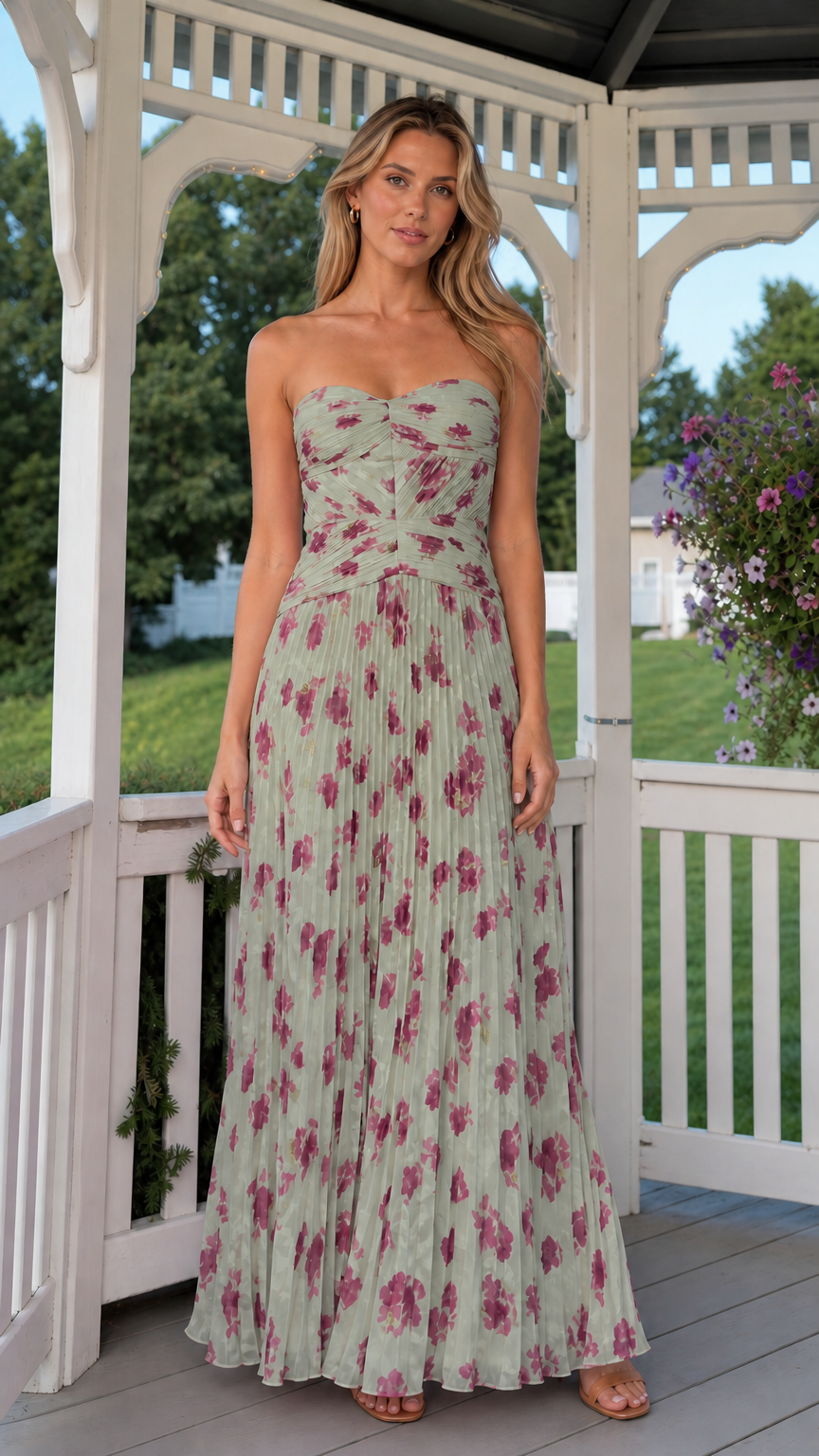 Front view of model wearing sage green strapless pleated floral maxi dress